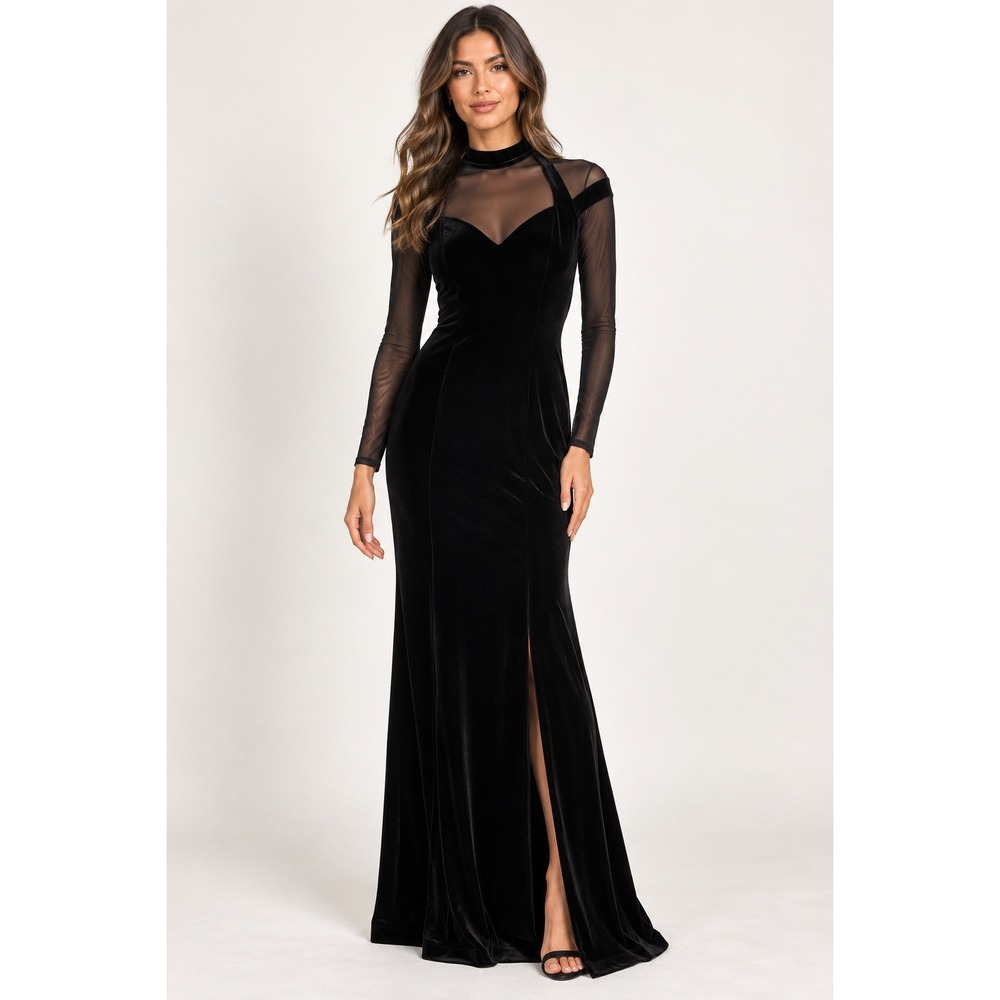 Vintage 90s Night Way Velvet Gown Womens 10 Black Mesh Mock Neck Side Slit Maxi